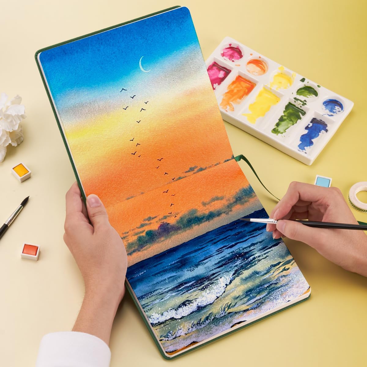 Lightwish Square Watercolor Journal, 100% Cotton Hot Press Watercolor Paper Sketchbook 7.48” x 7.48”, 20 Sheets (140lb/300gsm), Acid-Free for Watercolors, Gouache, Acrylics