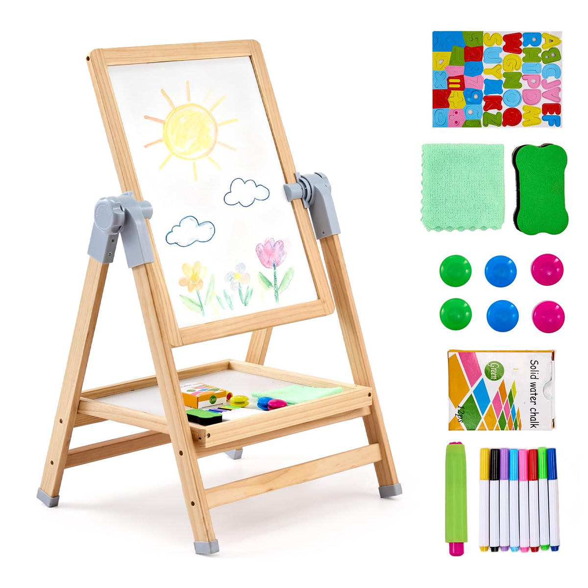 VEVOR Art Easel for Kids, 3-in-1 Wooden Double-Sided Kid's Art Easel with Magnetic Whiteboard, Chalkboard & Paper Roll, Adjustable Standing Drawing Board with Painting Accessories for Boys and Girls