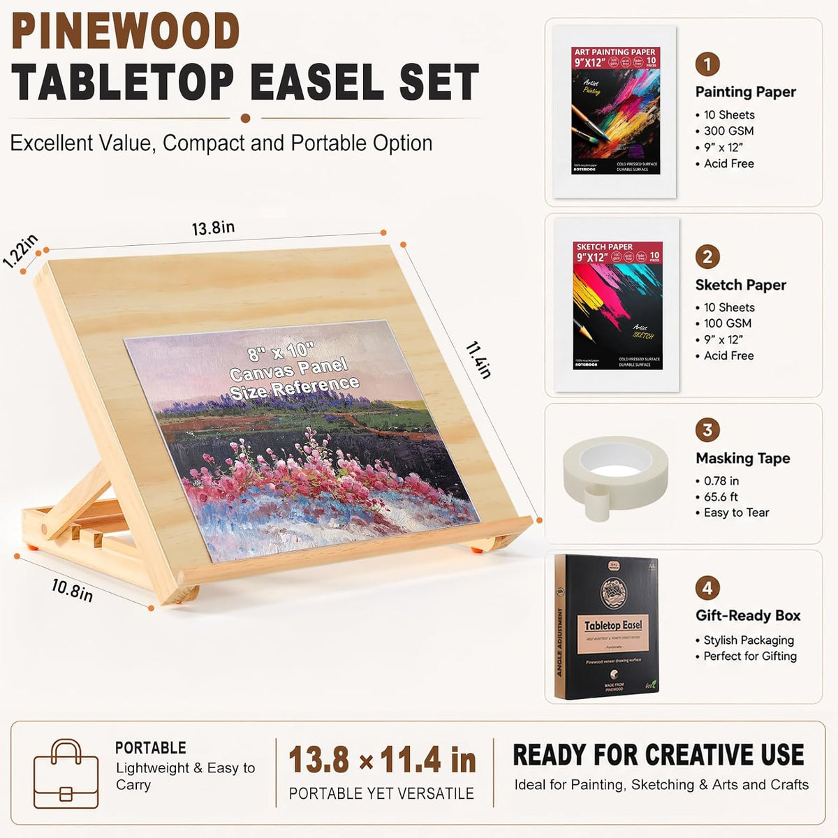 13.8"x11.4" Wooden Tabletop Easel with Paint & Sketch Papers, Masking Tape