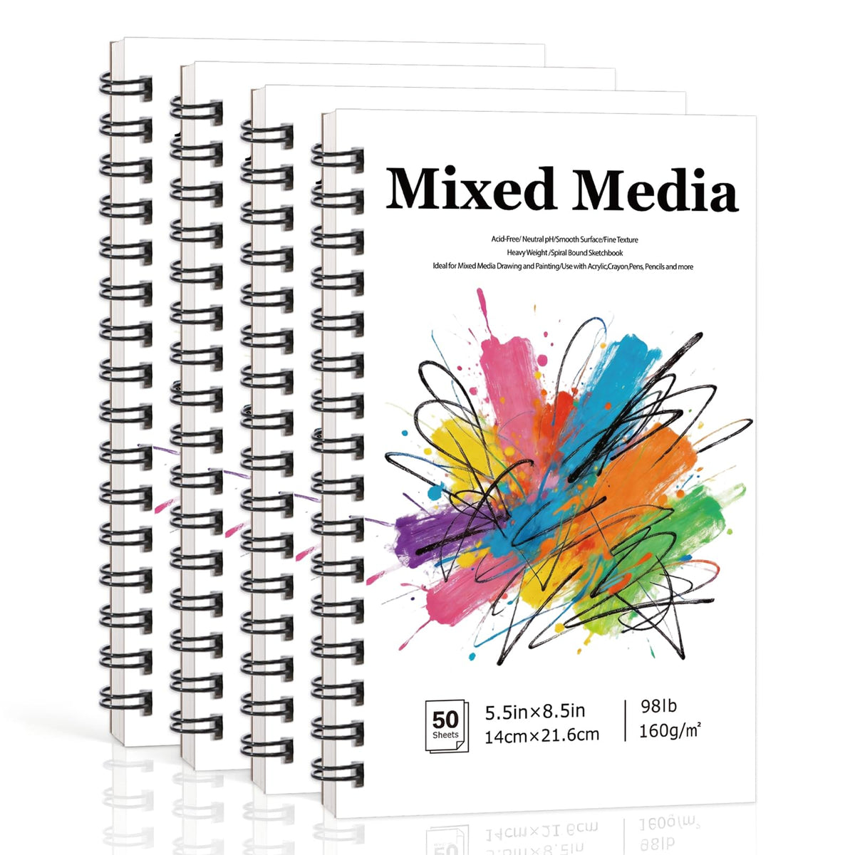4 Pack Mixed Media Sketchbook 9×12 in, 160gsm Sketch Pads for Drawing