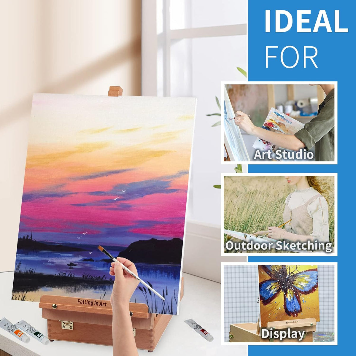 Falling in Art Wooden Tabletop Easel, Beech Wood Sketchbox Desktop Easel