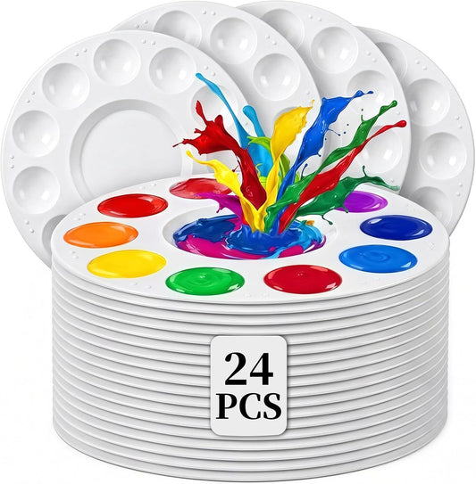 24 Pack Paint Palettes, Round Plastic Paint Palette Trays for Acrylic, Watercolor and Gouache, Reusable Paint Mixing Trays for Kids, Classroom, School and Art Parties
