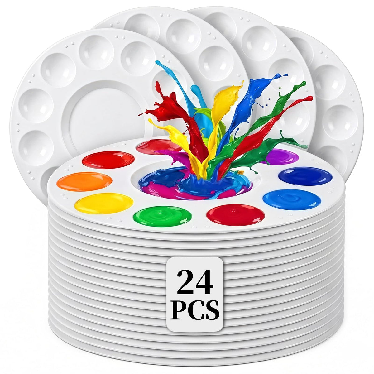 24 Pack Paint Palettes, Round Plastic Paint Palette Trays for Acrylic, Watercolor and Gouache, Reusable Paint Mixing Trays for Kids, Classroom, School and Art Parties