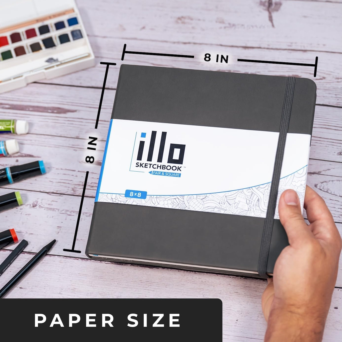 illo Sketchbook 8’’ x 8’’ Square Hardcover Sketch Book, (112lb/180gsm) Heavyweight Paper, Ribbon Marker, Back Pocket, Lays Flat, Minimal Bleed, Vegan, for Artists & Beginners