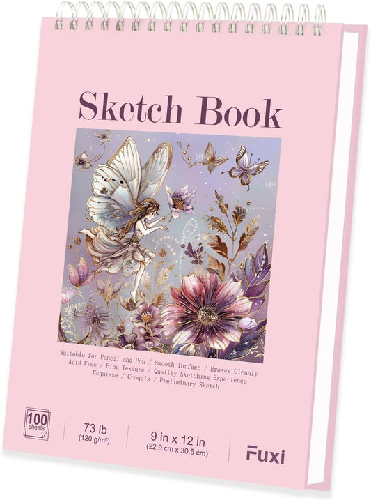 Fuxi Sketch Book for Girls 9x12, Cute Pink Sketchbook, 120gsm Thick Paper