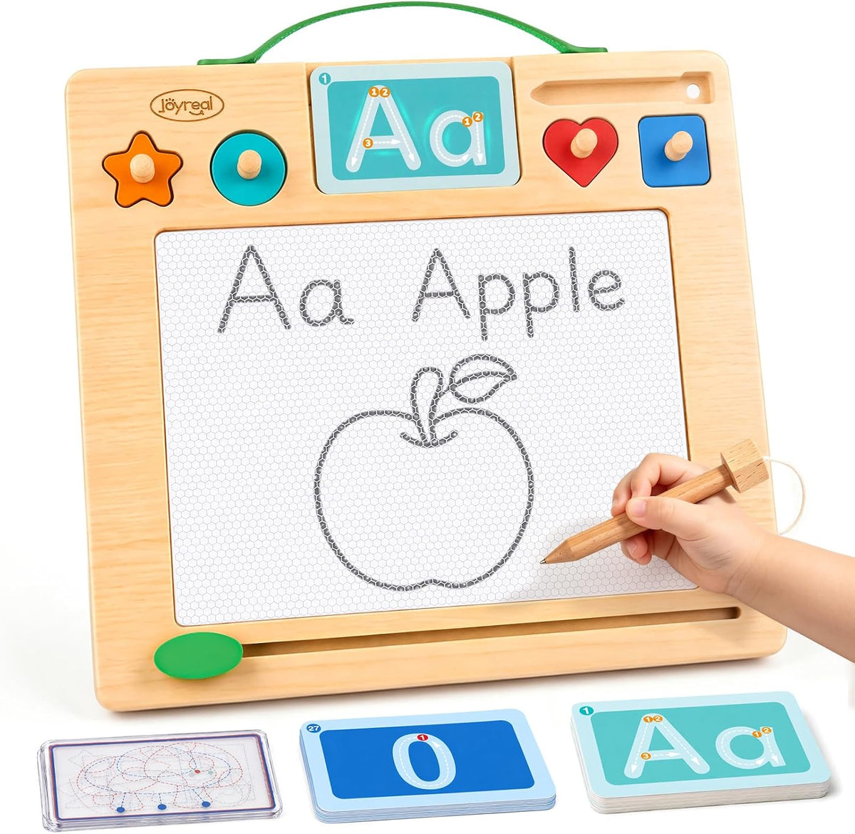 Joyreal Wooden Letter Tracing Board for Toddlers, Magnetic Alphabet & Number Writing Practice Board with 44 Cards, Reusable Magnetic Drawing Board, Montessori Preschool Educational Toy Ages 3-5