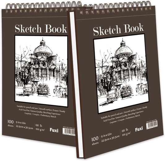 Fuxi 9" x 12" Sketch Book Set, Top Spiral Bound Sketchbook, 200 Sheets