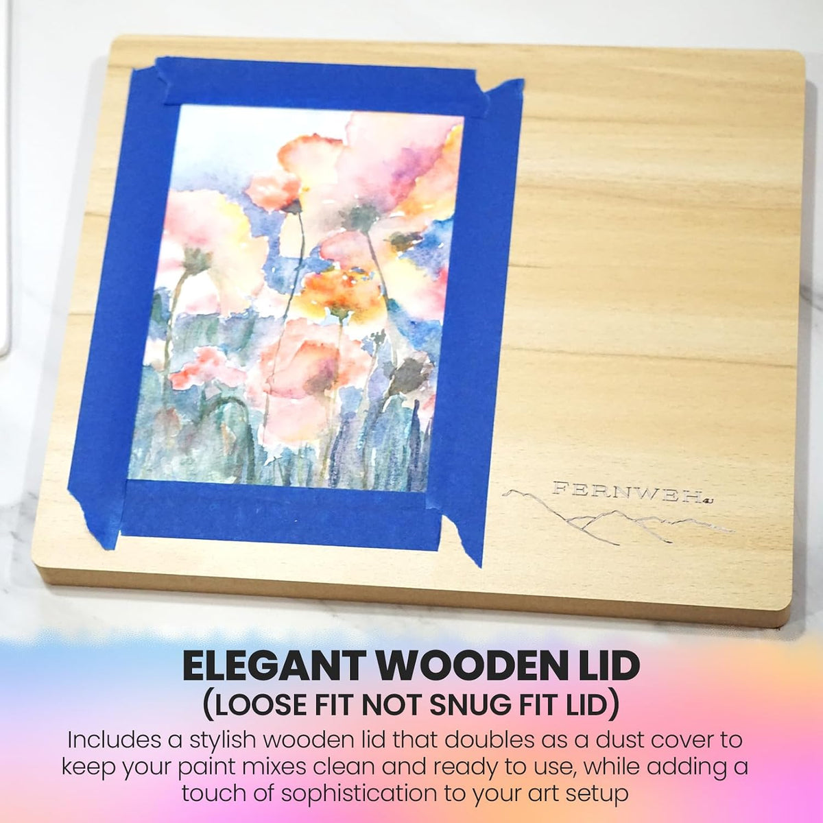 Large Ceramic Watercolor Palette with Wooden Lid, 22-Well Porcelain