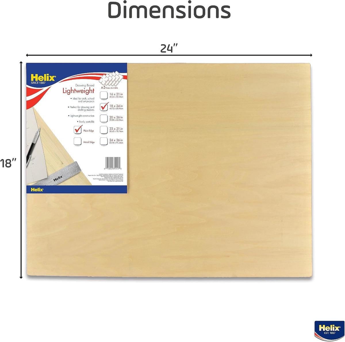Helix - Wooden Drawing Board - Plain Edge - Lightweight - 18x24 inch