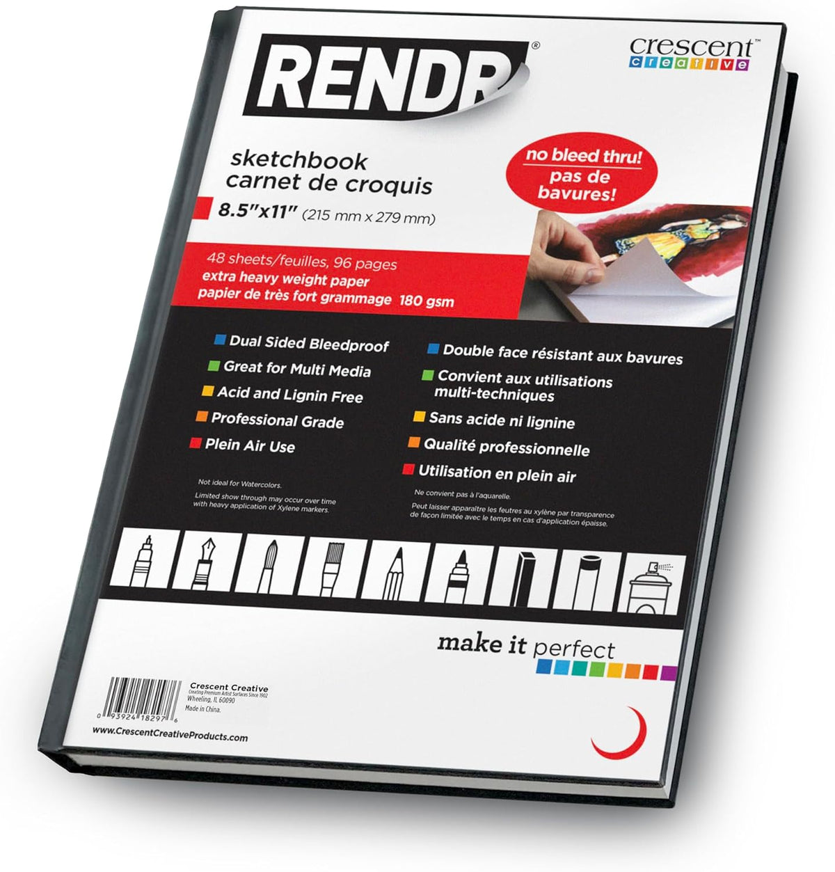 RENDR Hardbound Sketchbook 8.5x11, Bleed-Proof Paper for Alcohol Markers, Copic and Ink | 180 GSM, No Show-Thru, 48 Sheets