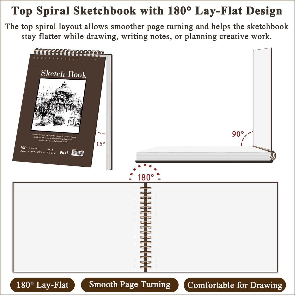 Fuxi 9" x 12" Sketch Book Set, Top Spiral Bound Sketchbook, 200 Sheets