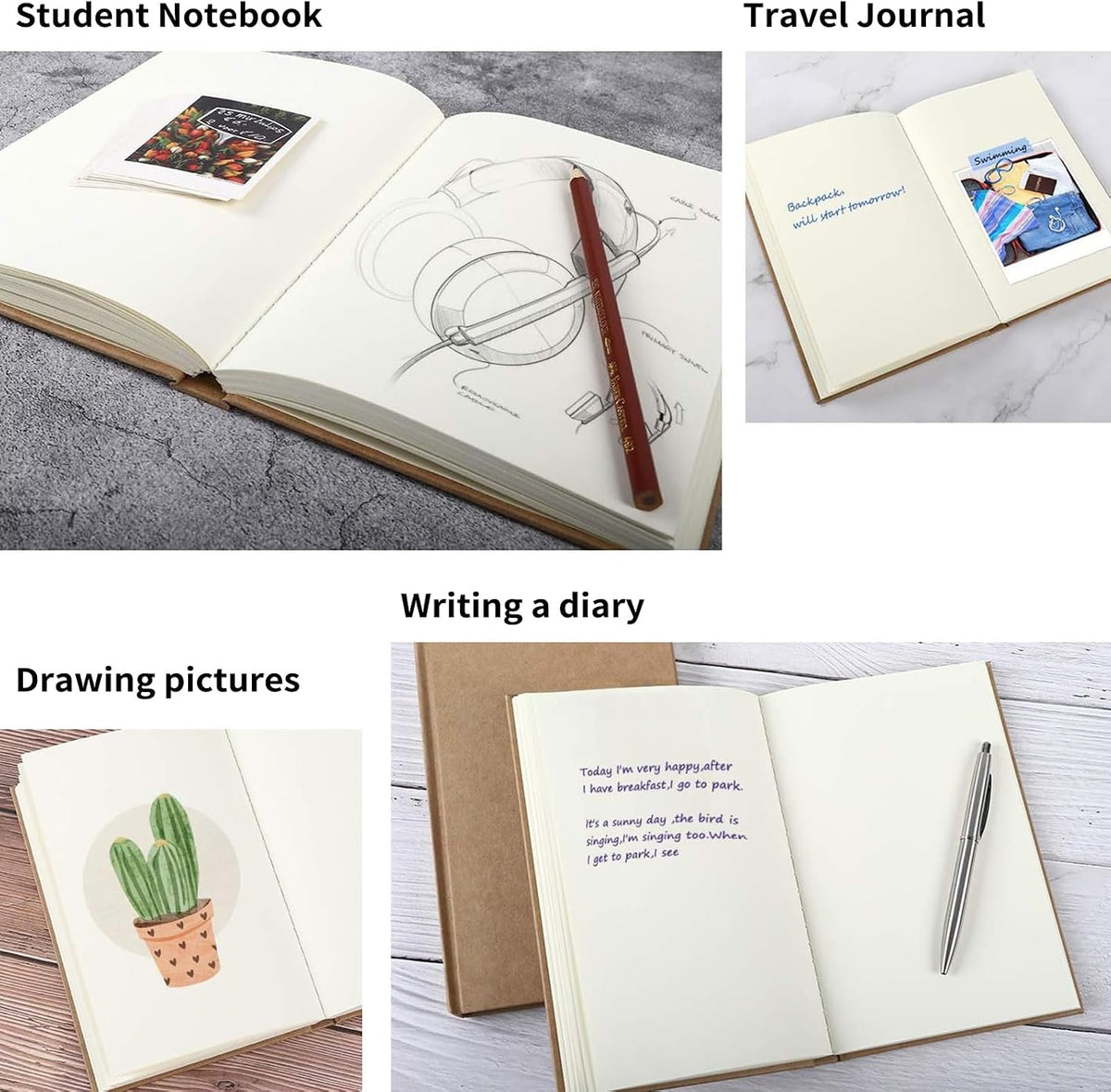 EOOUT 3pcs Blank Notebook, A5 Hardcover Sketchbook 120 Sheets 240 Pages Unlined Notebook, 100gsm Paper, 5.6 x 8.2in, Journal for Drawing, Art, Travelers Gifts, Students and Office Supplies