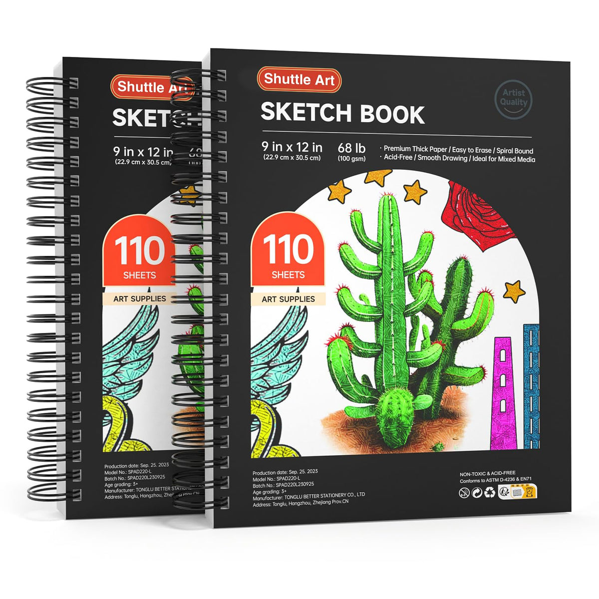 Artists Sketch Books, 9 x 12 Shuttle Art 160 Sheets of Sketch Paper pad Ideal for Drawing and School Supplies (2 Pack)