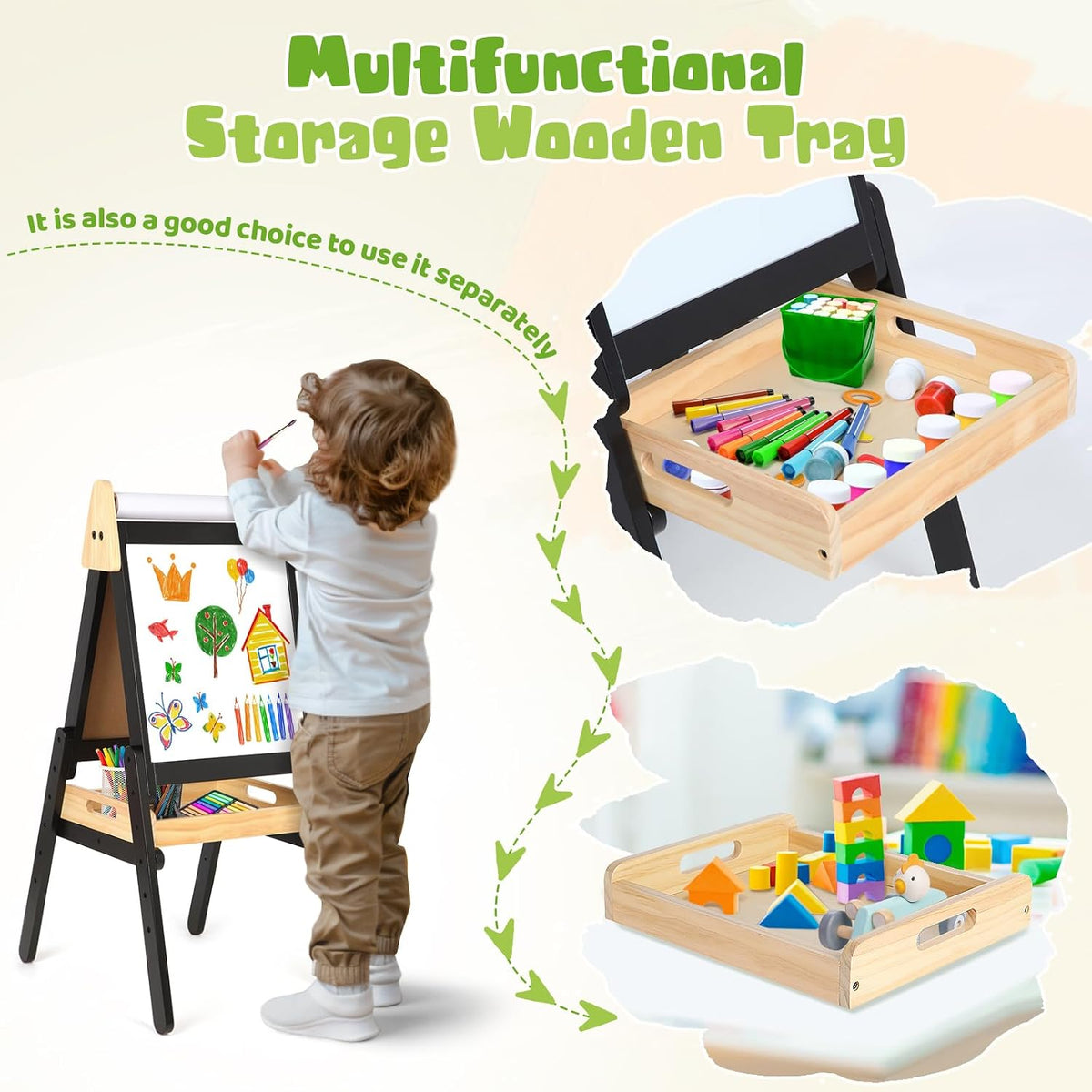 3 in 1 Easel for Little Kids with Wood Tray, Double Sided Wooden Easel with Paper Roll, Magnetic Whiteboard & Dry Erase Black Chalkboard, Height Adjustable Painting Standing for Toddlers Childrens 2-5