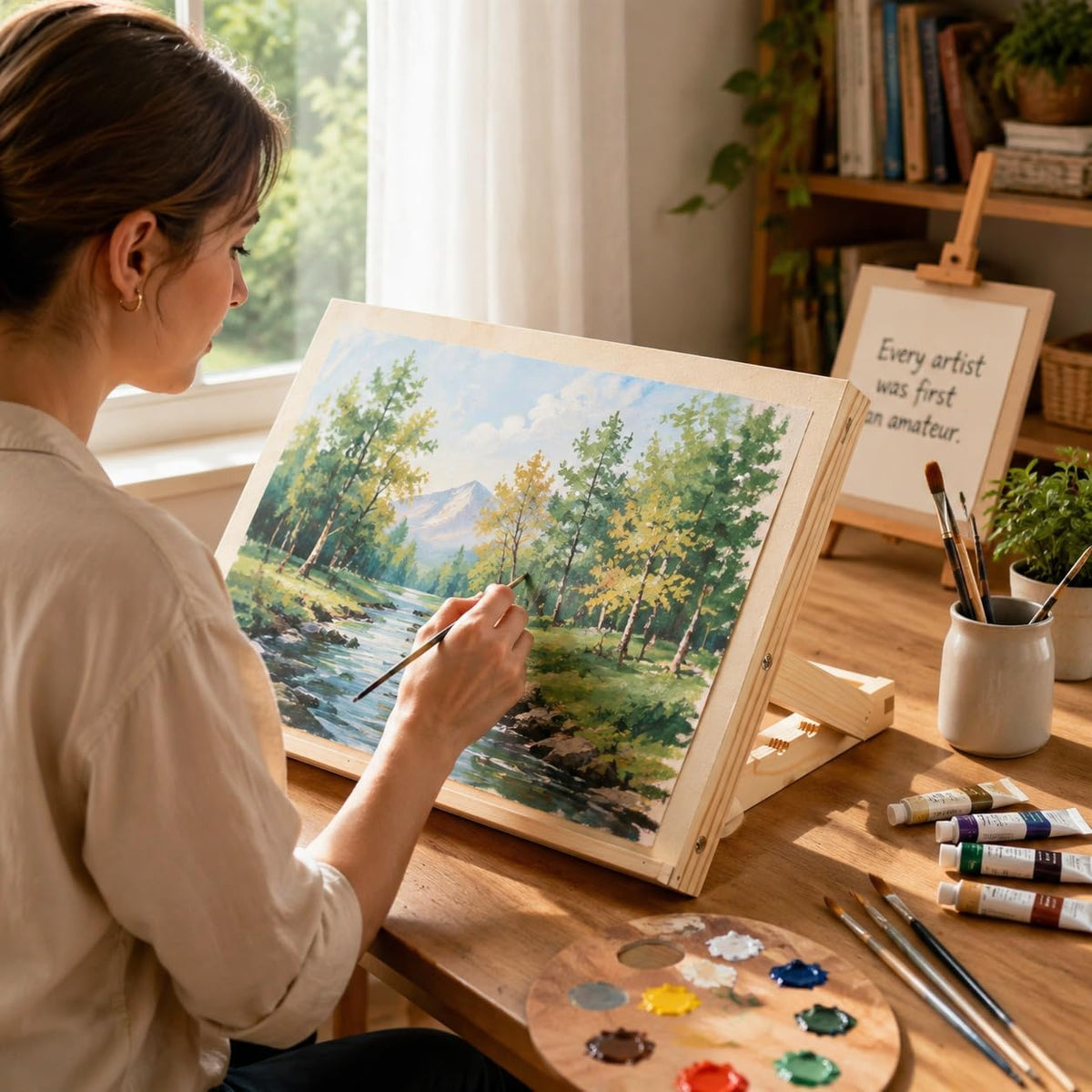 13 x 9 Inches Wooden Tabletop Easels for Painting, 3-Position Adjustable Drawing & Sketching Board with Palette, Art Desktop Easel for Adults, Artists, Beginners & Student