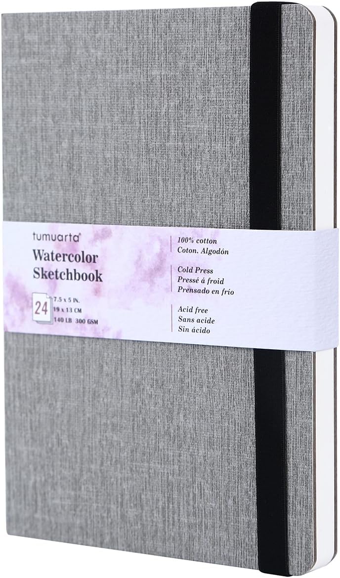 tumuarta Portrait Watercolor Sketchbook, 7.5x5, 140 LB, 300GSM, 100% Cotton Paper, Cold Press, 24 Sheets,48 Pages, Watercolor Journal for Use As Sketch Book and Mixed Media Pad On The Go