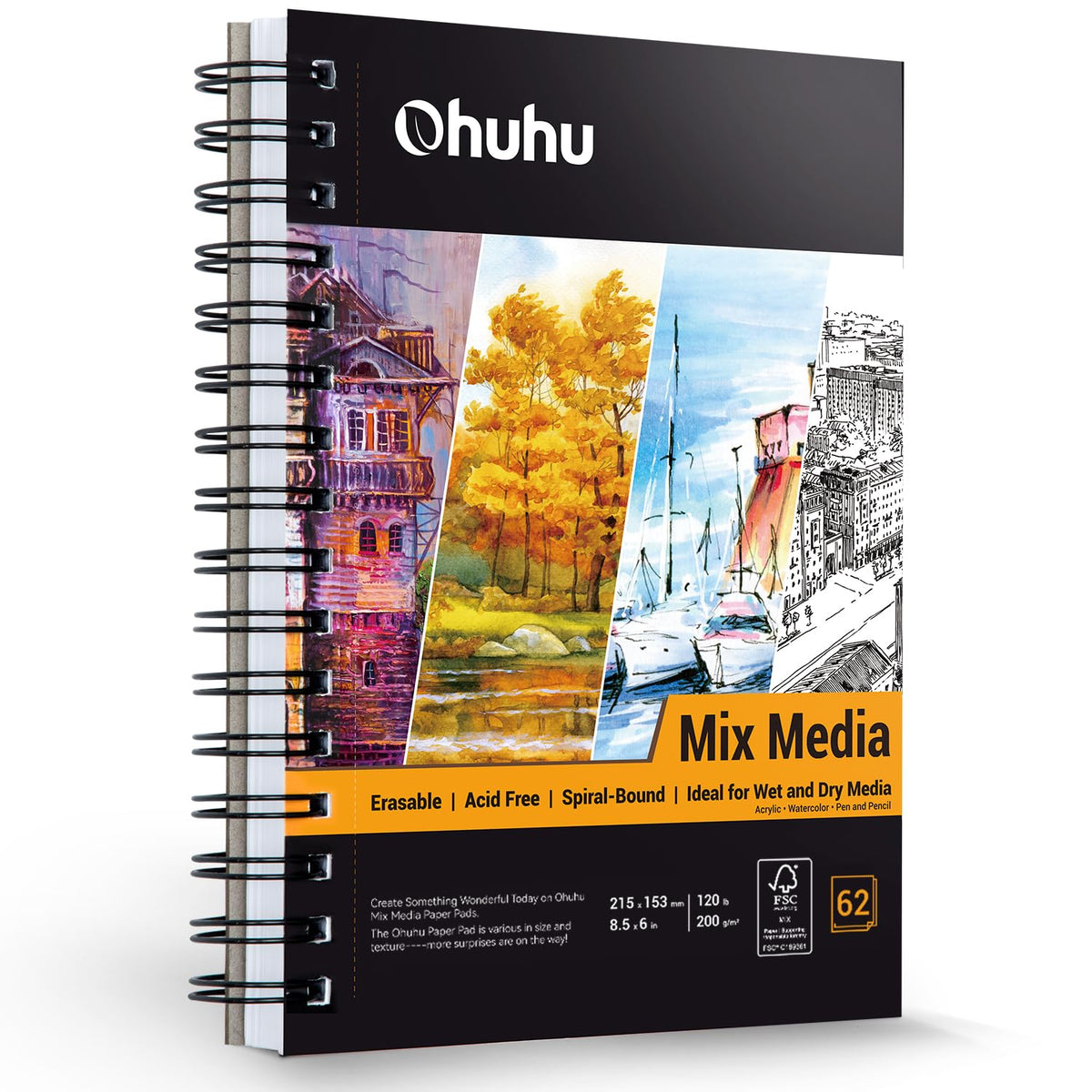 Ohuhu 7"x10" Mix Media Pad Art Sketchbook 62 Sheets for Painting Drawing