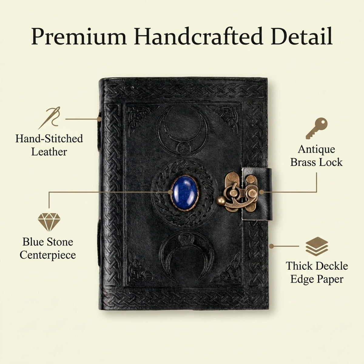 3 Moon Blue Lapis Embossed Vintage Leather Journal | 240 Pages of Antique Handmade Deckle Edge Vintage Paper, Leather Sketchbook, Drawing Journal, Great Gift (5 by 7 inch, black)