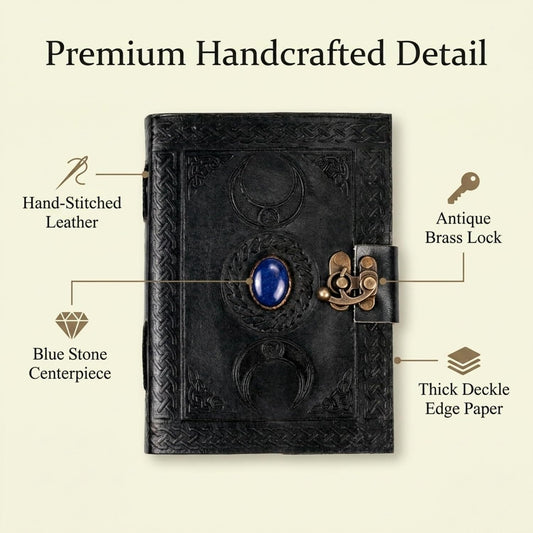 3 Moon Blue Lapis Embossed Vintage Leather Journal | 240 Pages of Antique Handmade Deckle Edge Vintage Paper, Leather Sketchbook, Drawing Journal, Great Gift (5 by 7 inch, black)