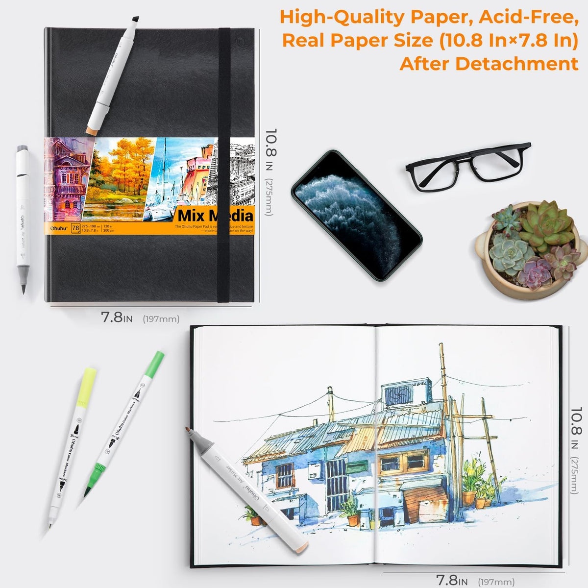 Ohuhu 10.8x7.8 Mix Media Pad Art Sketchbook 78 Sheets for Painting Drawing