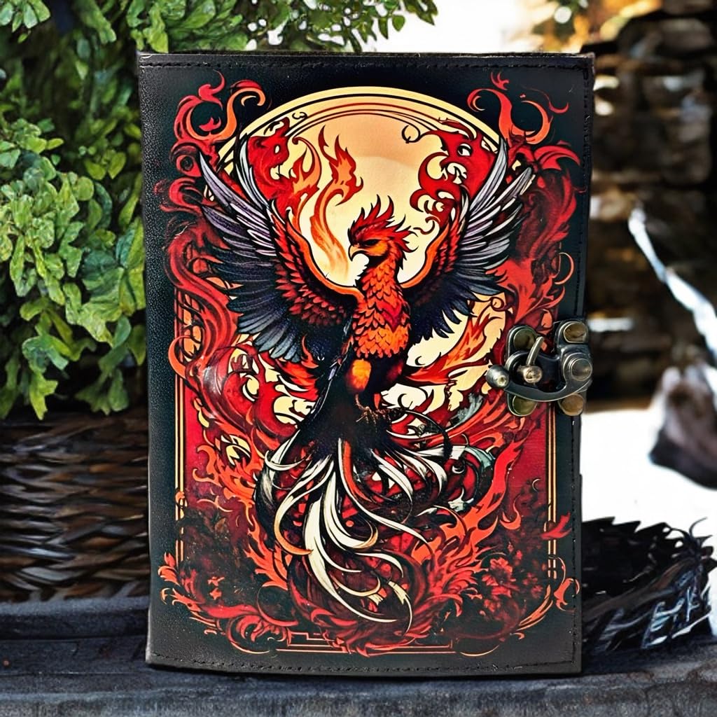 ANSAR HANDICRAFTS The Phoenix Grimoire – Handmade Leather Journal, Blank Spell Book of Shadows, Vintage Junk Journal, Gothic Sketchbook & Notebook with 200 Deckle Edge Pages – Gifts for Him & Her