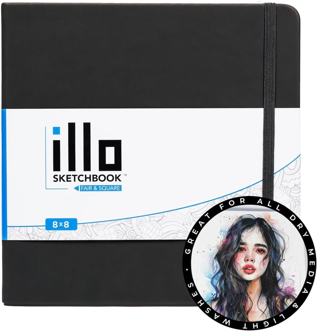 illo Sketchbook 8’’ x 8’’ Square Hardcover Sketch Book, (112lb/180gsm) Heavyweight Paper, Ribbon Marker, Back Pocket, Lays Flat, Minimal Bleed, Vegan, for Artists & Beginners