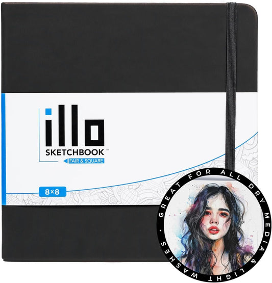 illo Sketchbook 8’’ x 8’’ Square Hardcover Sketch Book, (112lb/180gsm) Heavyweight Paper, Ribbon Marker, Back Pocket, Lays Flat, Minimal Bleed, Vegan, for Artists & Beginners