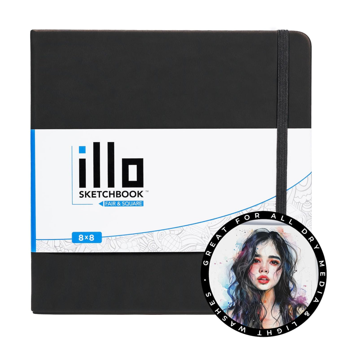 illo Sketchbook 8’’ x 8’’ Square Hardcover Sketch Book, (112lb/180gsm) Heavyweight Paper, Ribbon Marker, Back Pocket, Lays Flat, Minimal Bleed, Vegan, for Artists & Beginners