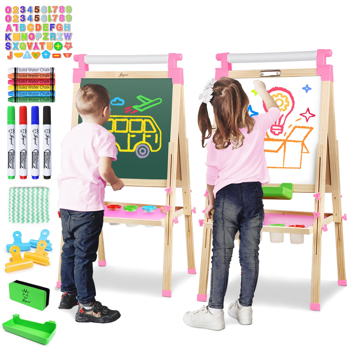 JOYOOSS Kids Wooden Easel with Paper Roll - Adjustable Magnetic Double Sided Drawing Board Whiteboard & Chalkboard Dry Easel Board,Children Art Easel for 3~12 Years Kids Boys Girls Painting Drawing