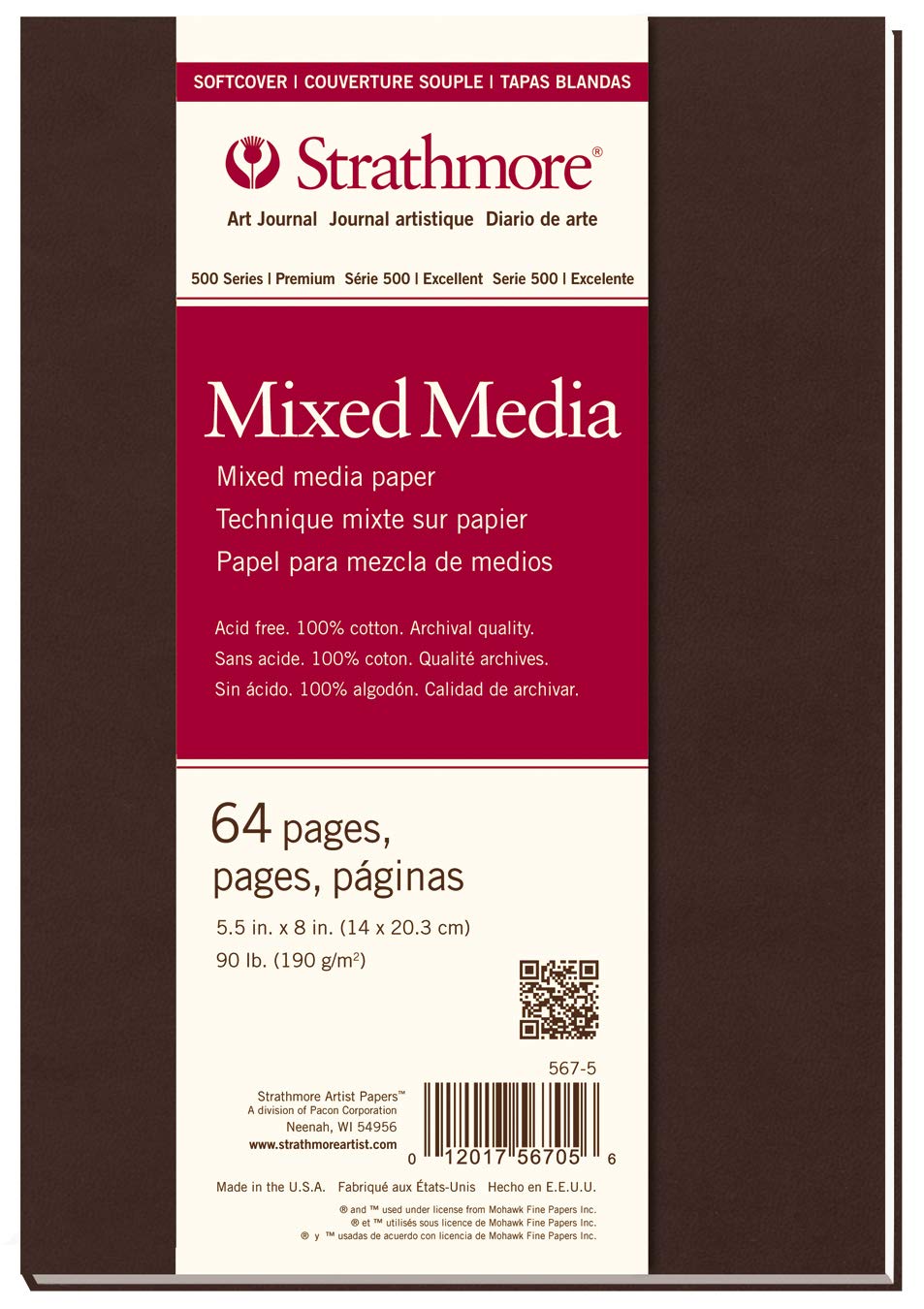 Strathmore 500 Series Hardcover Mixed Media Journal, 90 lb. Vellum Paper, 5.5 X 8.5 inches, 64 Pages (566-5)