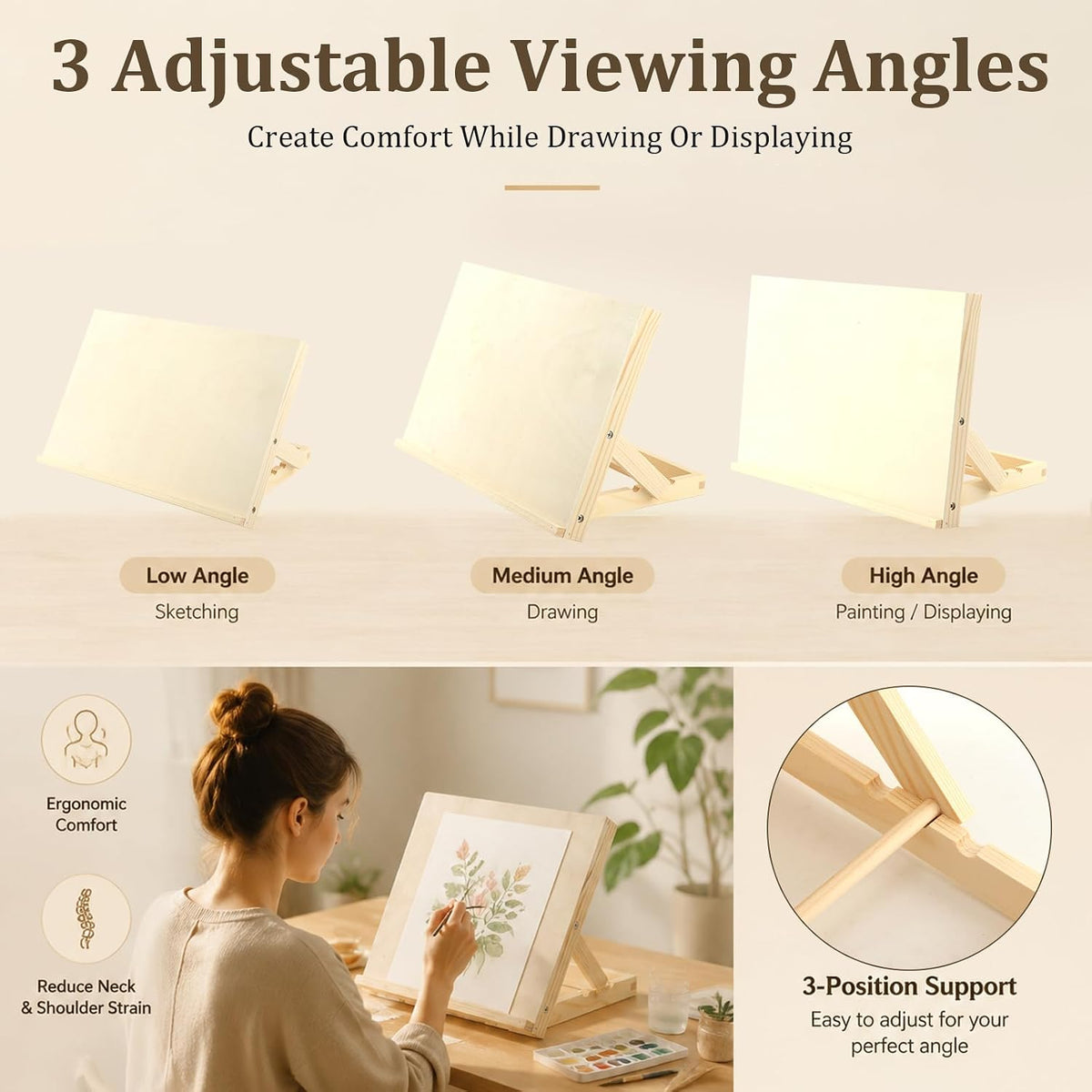 13 x 9 Inches Wooden Tabletop Easels for Painting, 3-Position Adjustable Drawing & Sketching Board with Palette, Art Desktop Easel for Adults, Artists, Beginners & Student