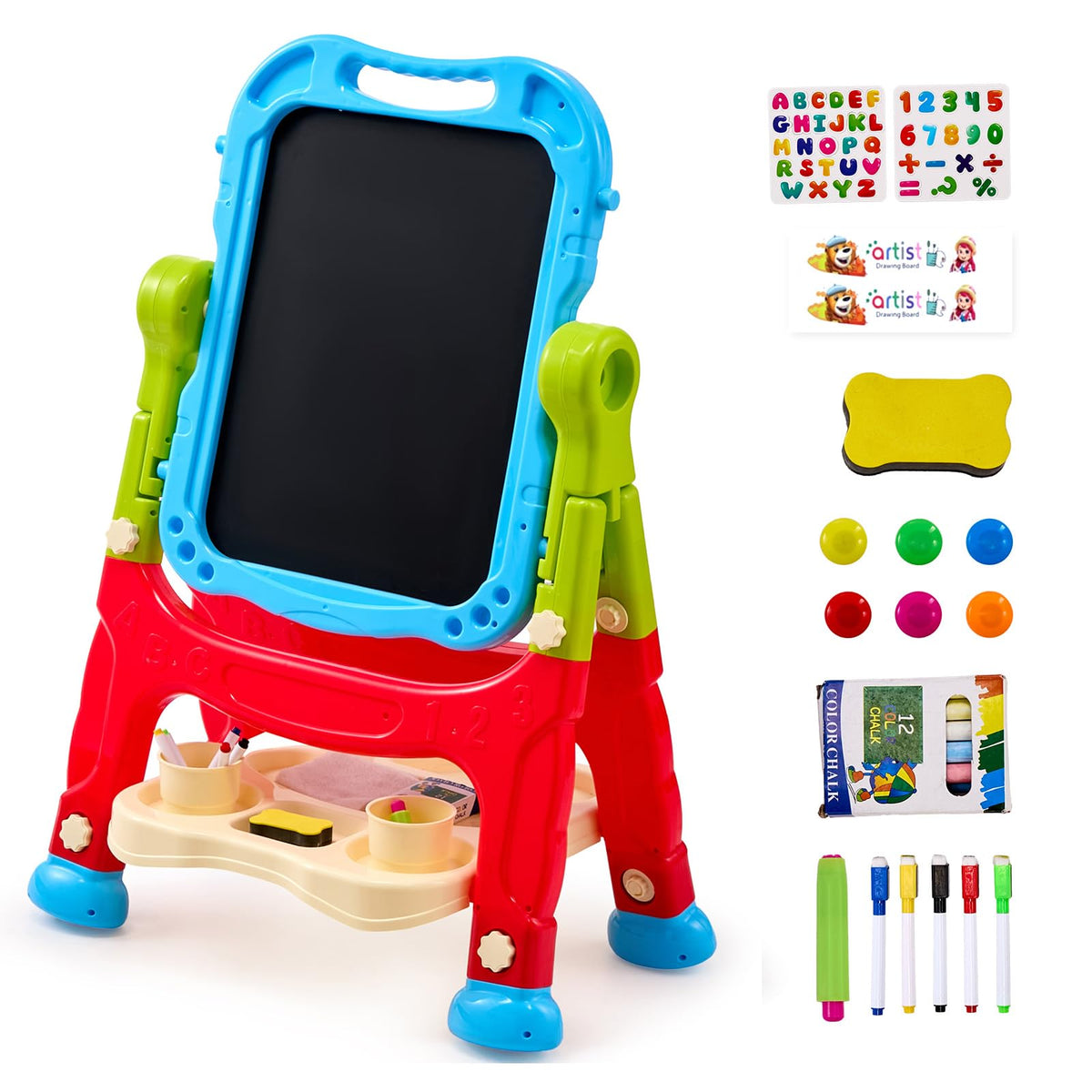 VEVOR Art Easel for Kids, 3-in-1 Wooden Double-Sided Kid's Art Easel with Magnetic Whiteboard, Chalkboard & Paper Roll, Adjustable Standing Drawing Board with Painting Accessories for Boys and Girls