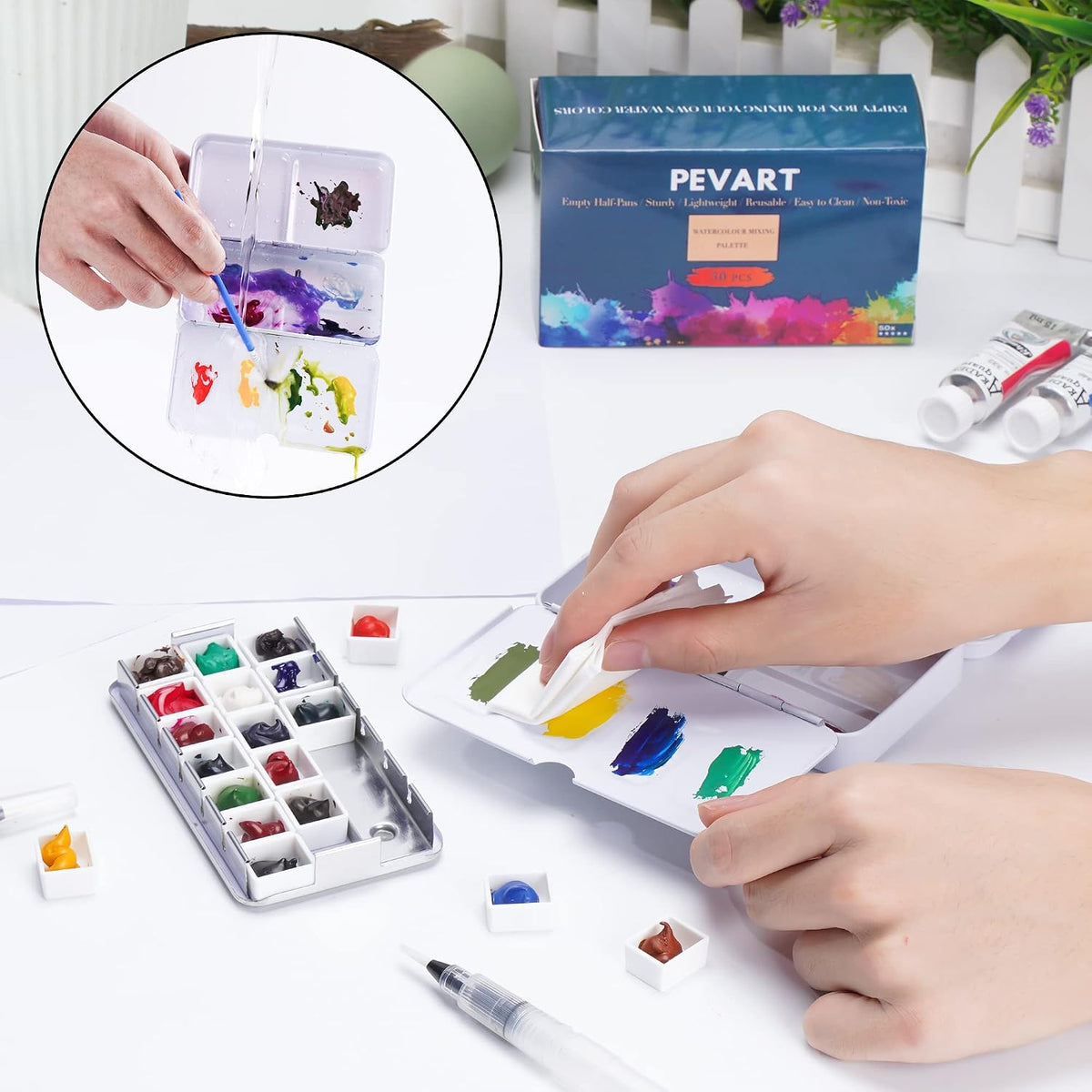 PEVART Empty Watercolor Paint Palette, Metal Box Mixing Palette Case with 50 Water Color Half Pans and Fold-Out Palette Tin Paint Tray Travel Watercolor Set,Acrylic, Gouache, Oil Painting