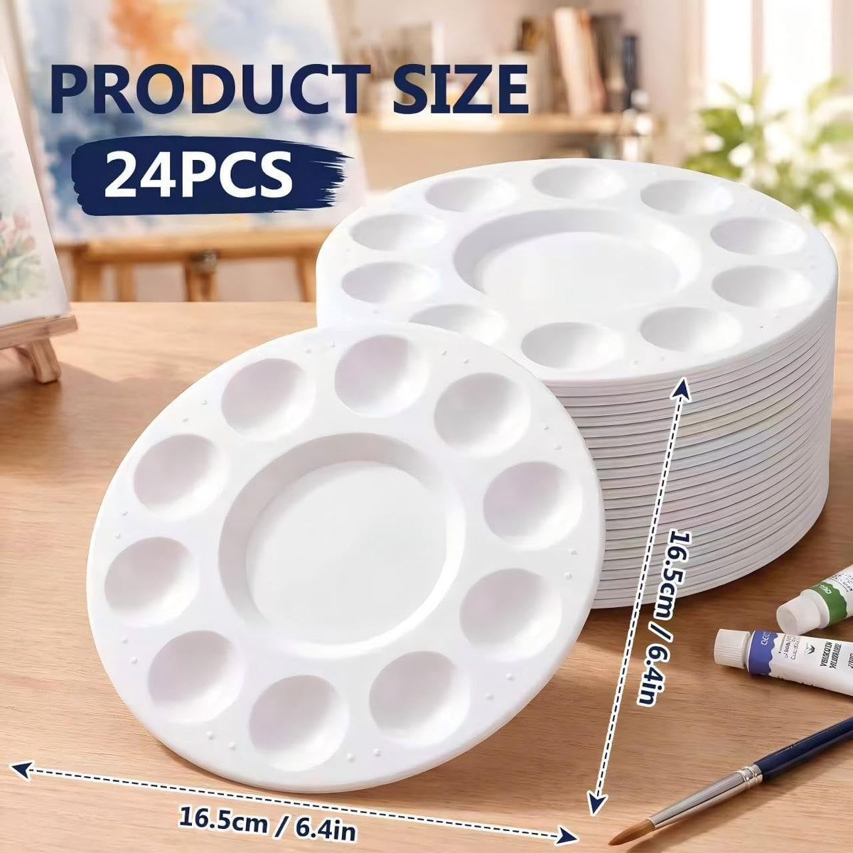 24 Pack Paint Palettes, Round Plastic Paint Palette Trays for Acrylic, Watercolor and Gouache, Reusable Paint Mixing Trays for Kids, Classroom, School and Art Parties