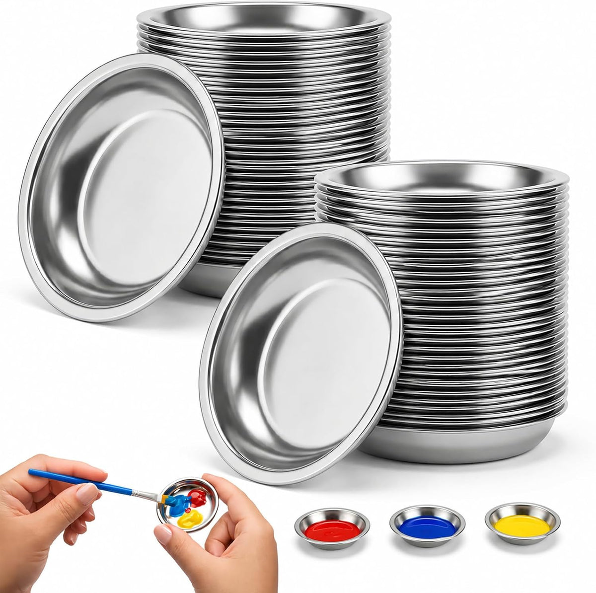 Jucoan 60 Pack Stainless Steel Paint Palette, 2 Inch Tiny Round Metal Paint Mixing Palette Dish for Watercolor, Modeling Oils Painting, Pigments & Airbrush, Stackable