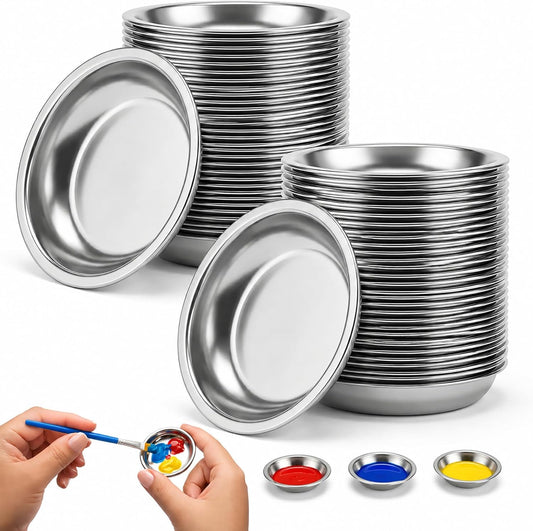Jucoan 60 Pack Stainless Steel Paint Palette, 2 Inch Tiny Round Metal Paint Mixing Palette Dish for Watercolor, Modeling Oils Painting, Pigments & Airbrush, Stackable