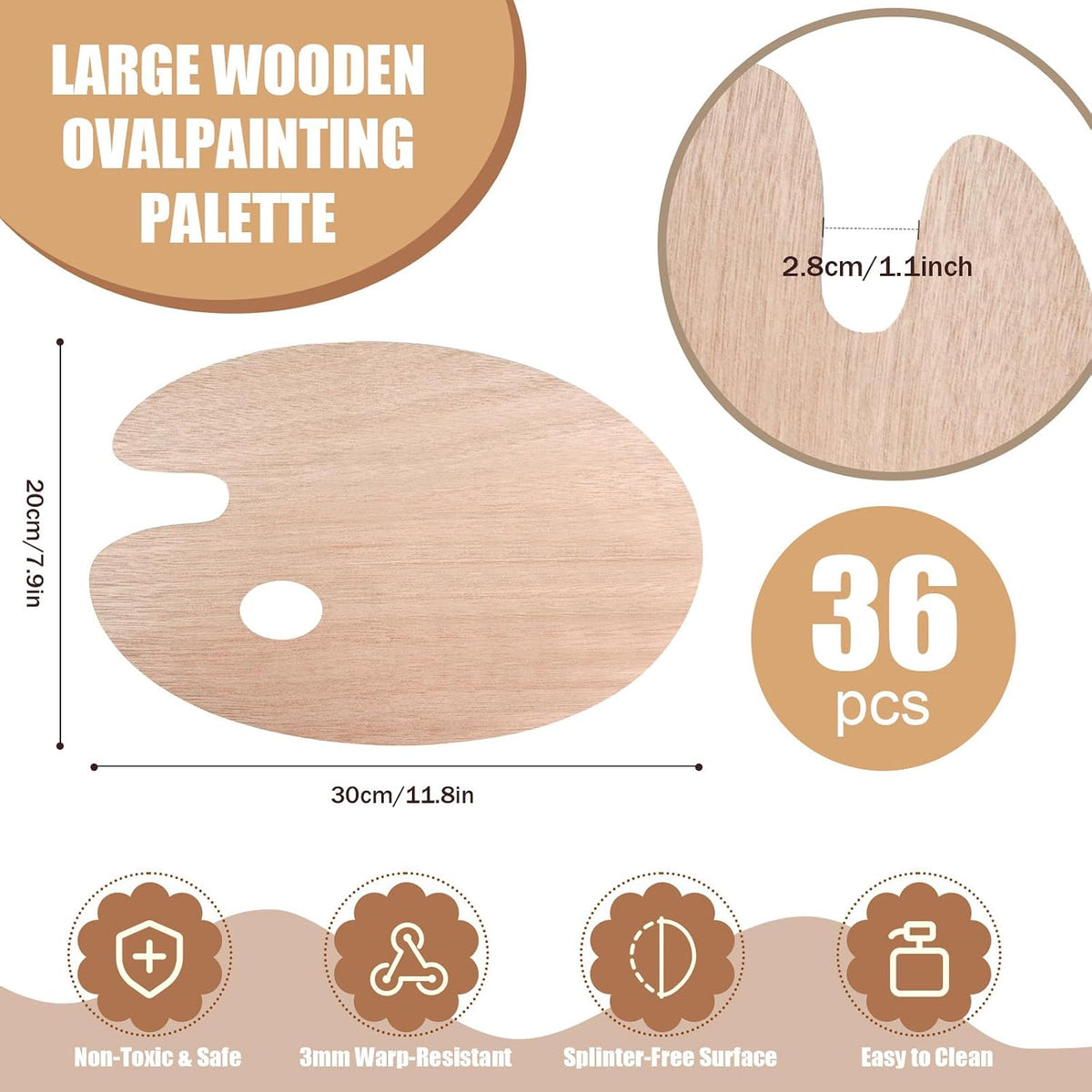 Wooden Painting Palette 36-Pack, Oval with Thumb Hole, 12x8 Inch