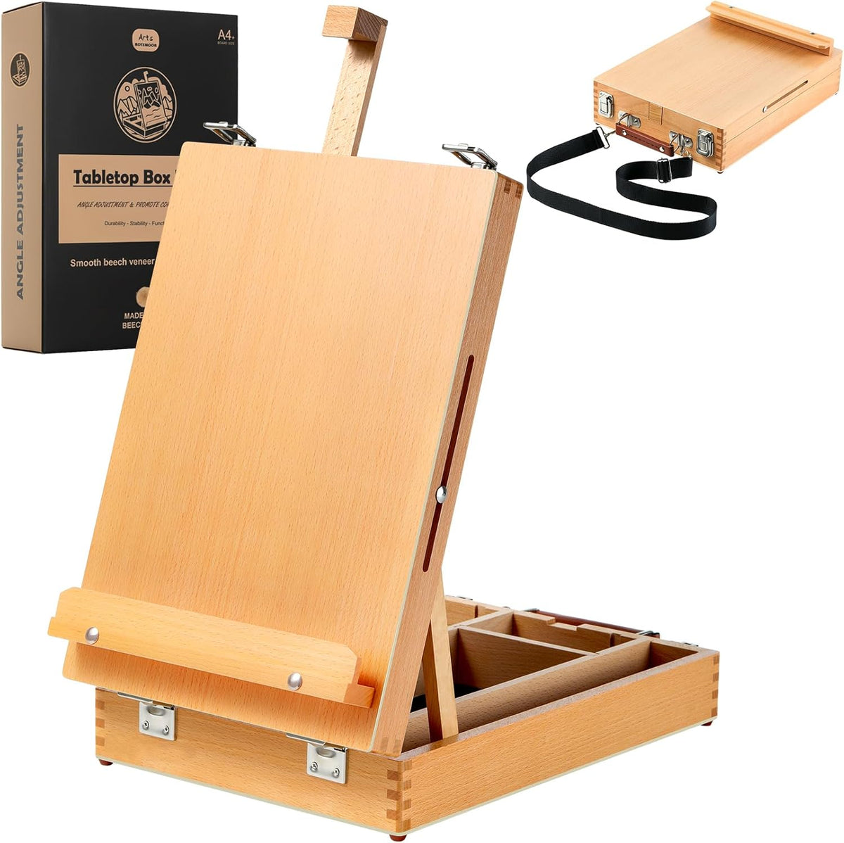 Beechwood Tabletop Easel for Painting, Portable Easel with Shoulder Strap