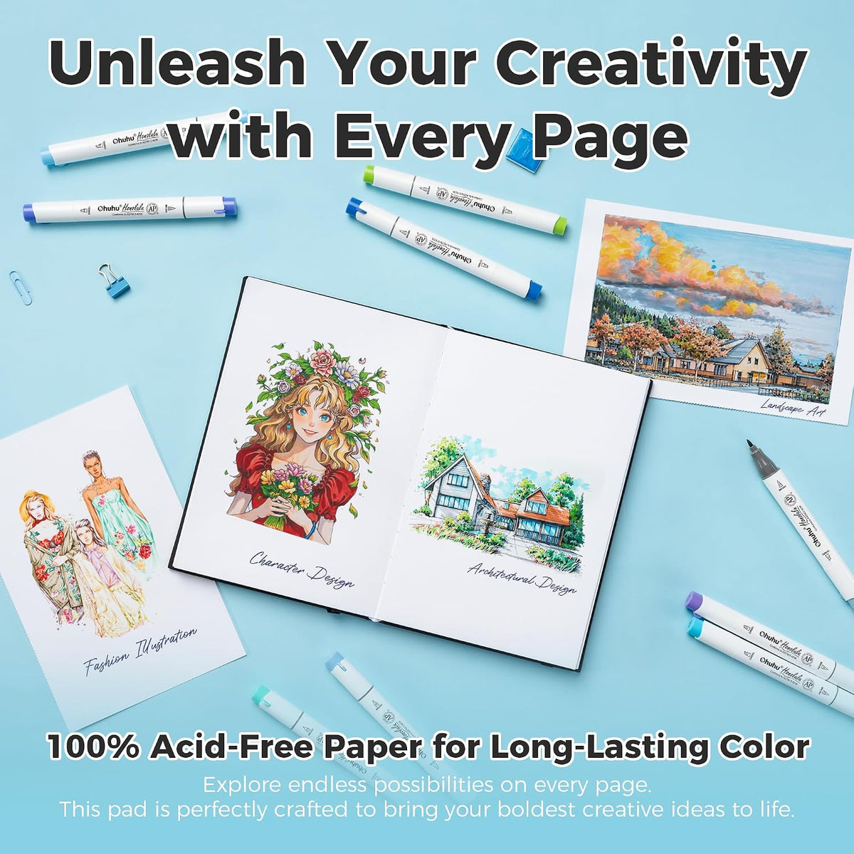 Ohuhu 5.5"x8.5" Double-Sided Bleedproof Marker Pad Art Sketchbook 50 Sheets