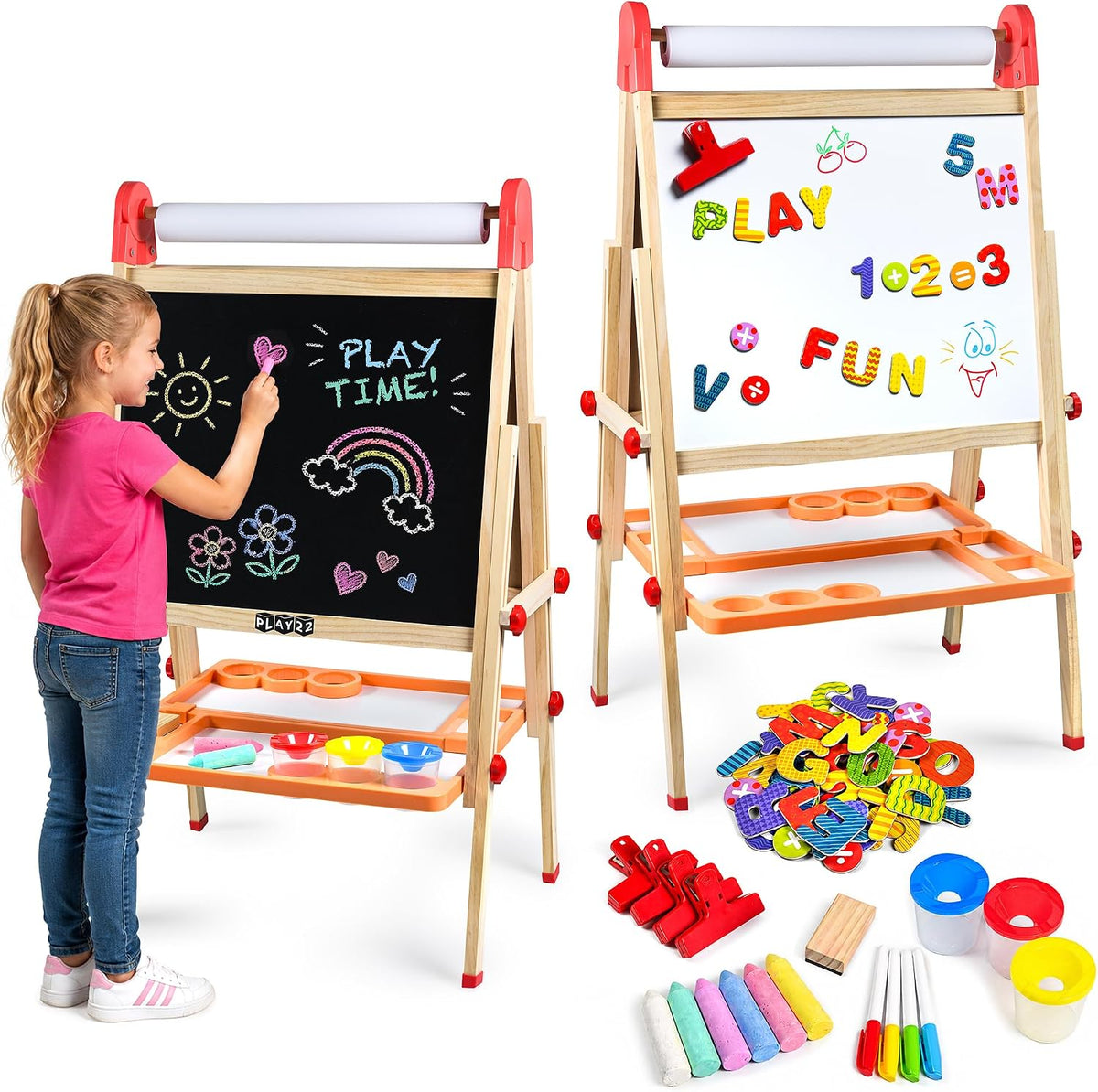 Wooden Art Easel for Kids – Adjustable, Foldable, Chalkboard & Whiteboard