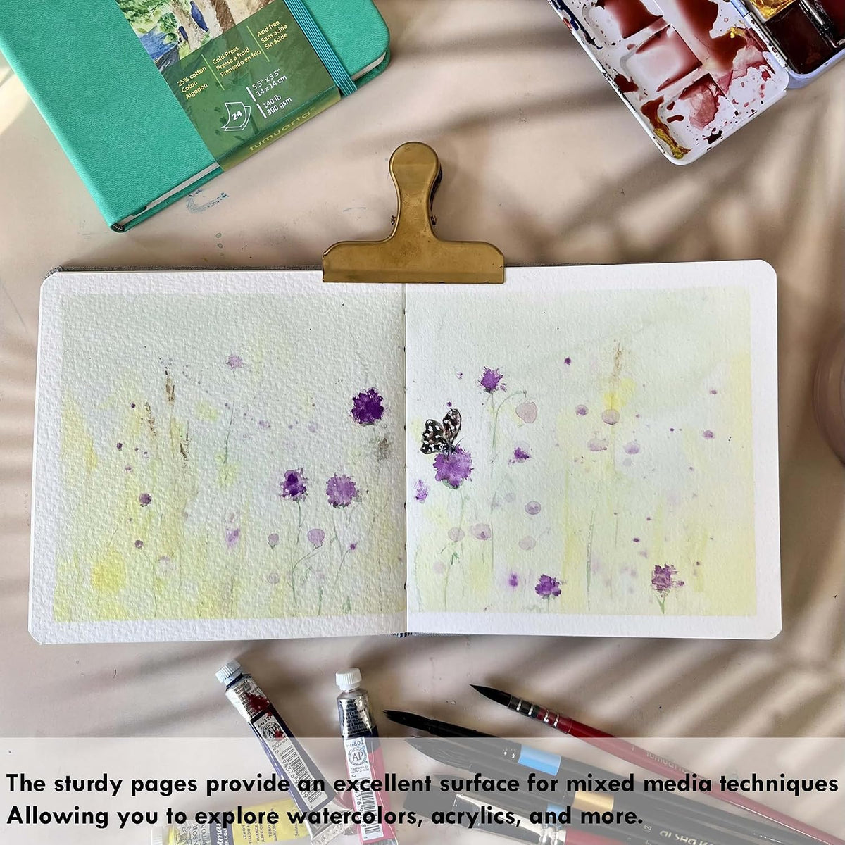 tumuarta Watercolor Journal 5.5 x 5.5, 140lb/300gsm Cold Press Paper, 24 Sheets/48 Pages, Lay-Flat Hardcover Watercolor Paper Sketchbook for Travel & Mixed Media