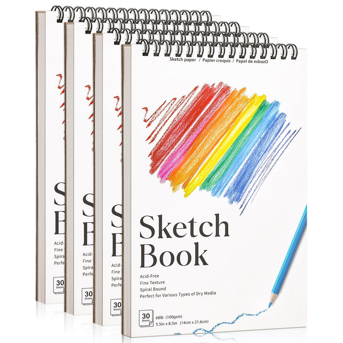 4 Pack Sketch Book for Kids, 8.5 × 11 in, Spiral Bound, 30 Sheets Each