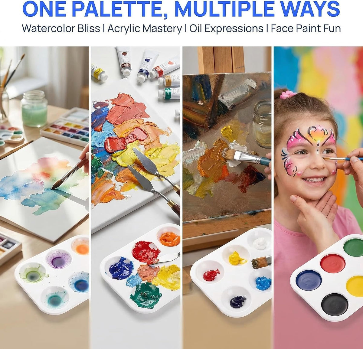 Cedilis 100 Pack White Art Paint Tray Palette, Rectangular Plastic Paint Tray for Kids, Adult, Student Watercolor Craft DIY Art Painting, 6 Wells, Easy to Clean