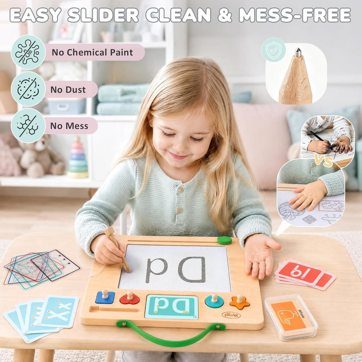 Joyreal Wooden Letter Tracing Board for Toddlers, Magnetic Alphabet & Number Writing Practice Board with 44 Cards, Reusable Magnetic Drawing Board, Montessori Preschool Educational Toy Ages 3-5