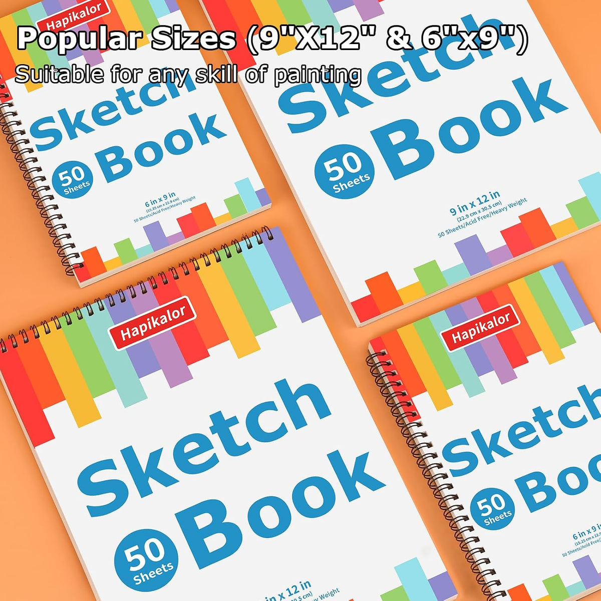 Hapikalor 9"x12" Sketch Book, 4-Pack 50 Sheets Spiral Bound Art Sketchbook