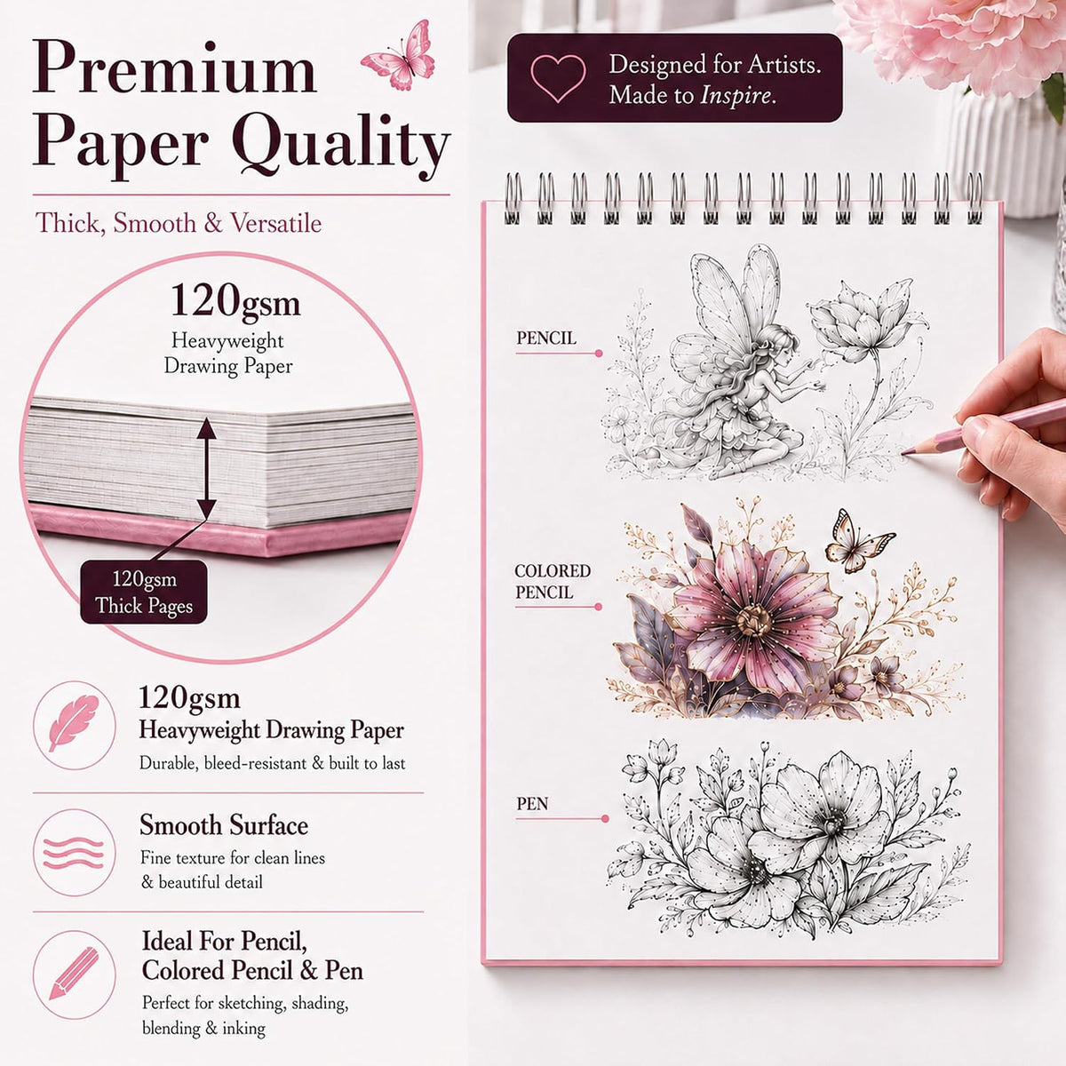Fuxi Sketch Book for Girls 9x12, Cute Pink Sketchbook, 120gsm Thick Paper