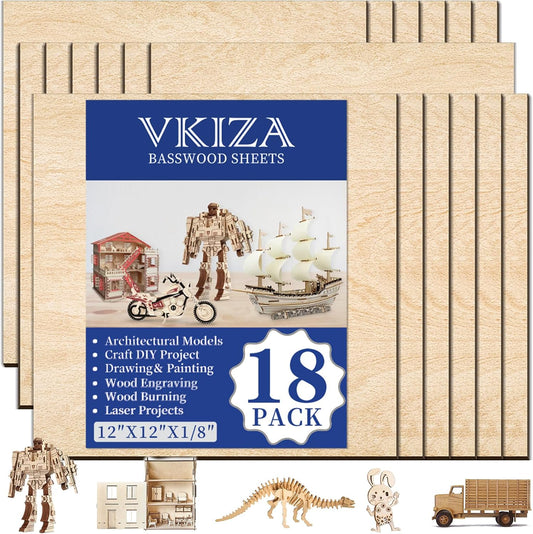 18 Pack Basswood Sheets 12"x12"x1/8" for Crafts, Unfinished Basswood Craft Board Perfect for DIY Ornaments and Models, Drawing, Painting, Engraving, Wood Burning, Laser Cutting