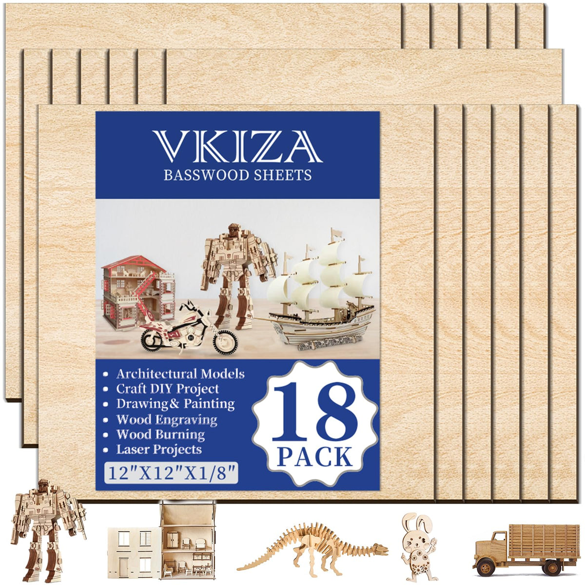 18 Pack Basswood Sheets 12"x12"x1/8" for Crafts, Unfinished Basswood Craft Board Perfect for DIY Ornaments and Models, Drawing, Painting, Engraving, Wood Burning, Laser Cutting