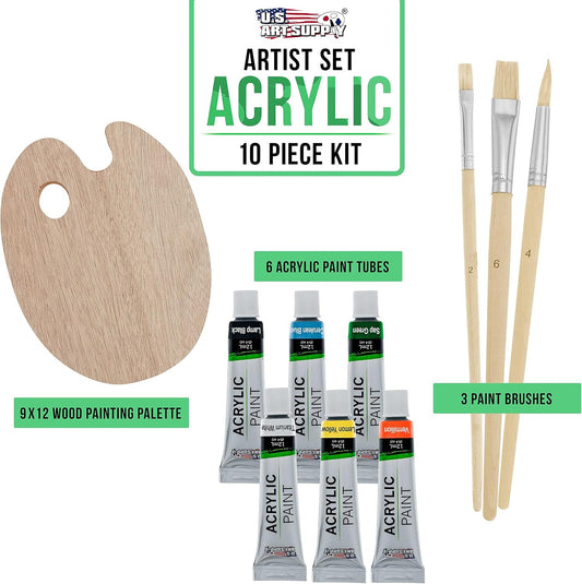 U.S. Art Supply Wood Painting Palette Set with 6-Piece Acrylic Paint Tubes
