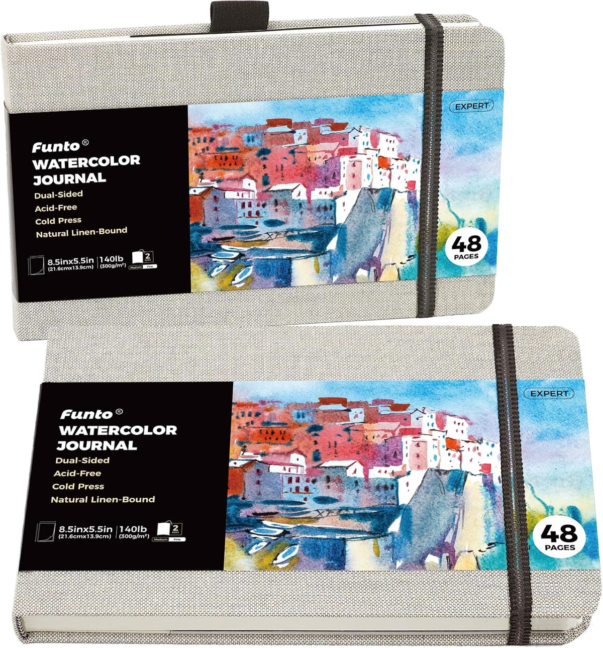 Funto Hardcover Watercolor Journal 2-Pack, 8.5x5.5, 140lb/300gsm Cold Press